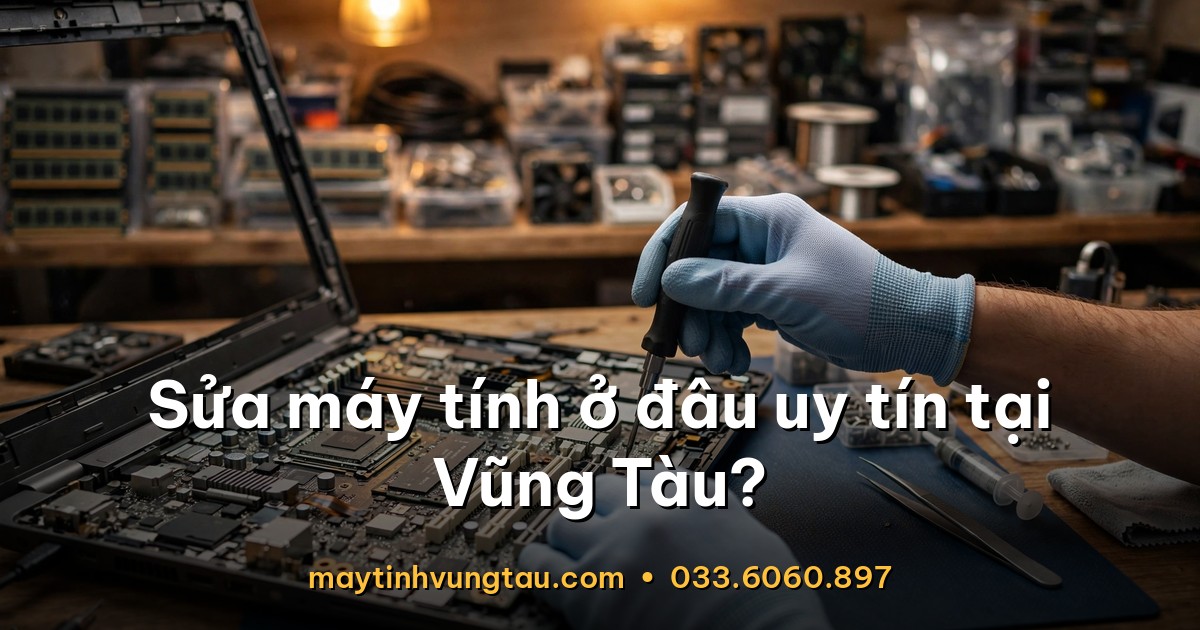 Kỹ thuật viên đang sửa mainboard laptop tại Máy Tính Vũng Tàu